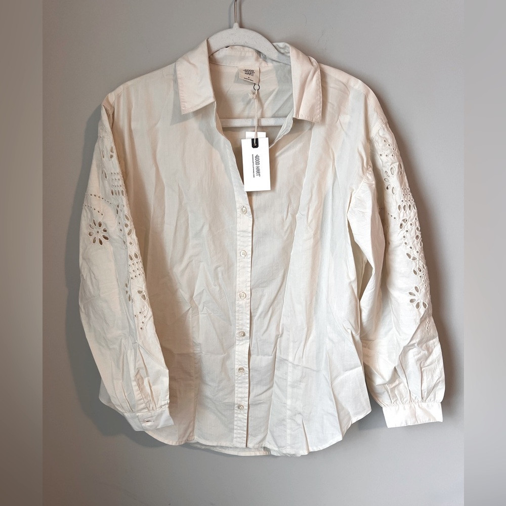 Matilda Jane Good Hart women’s oversized button down. Cream with floral cutout.